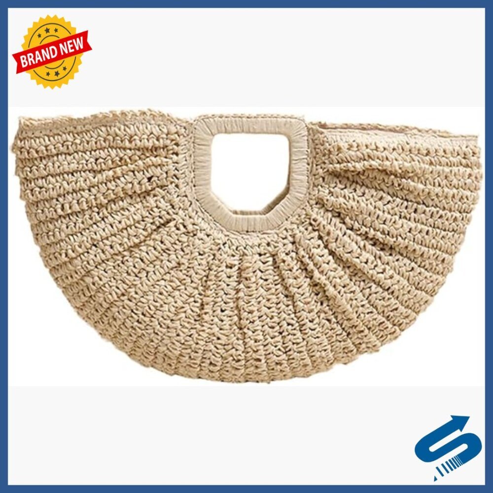Straw Woven Tote Bag with Geometric Handles, Large Capacity Beach Purse
